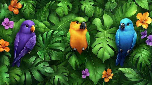 Tropical avian trio amidst lush rainforest foliage vibrant botanical display exotic avifauna vibrant plumage nature digital render artistic illustration