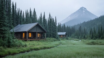 Misty mountain cabin tranquil nature scene peaceful forest escape