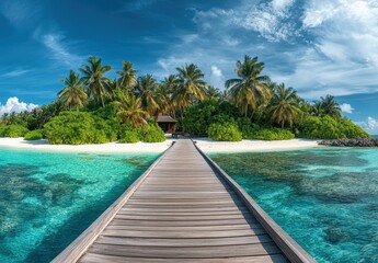 Fototapeta premium Serene Tropical Paradise with Wooden Pier Leading to Lush Green Island Surrounded by Clear Turquoise Water and Blue Sky with Fluffy White Clouds