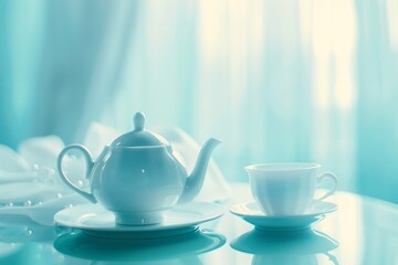 Fototapeta premium Bright high key image of white teapot and cup on a sleek countertop soft lighting enhancing purity