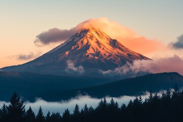 Fototapeta premium Majestic Mountain Sunrise: Witness the breathtaking beauty of a towering mountain peak kissed by the soft hues of dawn, shrouded in mist, creating an aura of serenity and awe.
