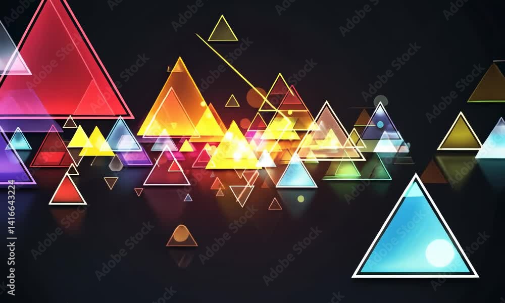 Poster dynamic abstract composition of vibrant, multicolored triangular shapes and prisms scattered across 