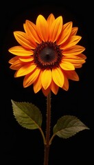 Fototapeta premium Fiery sunflower, glowing embers, black backdrop, surreal, night, power