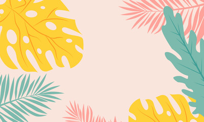 Hello Summer concept design, abstract illustration with jungle exotic leaves, colorful design, summer background and banner