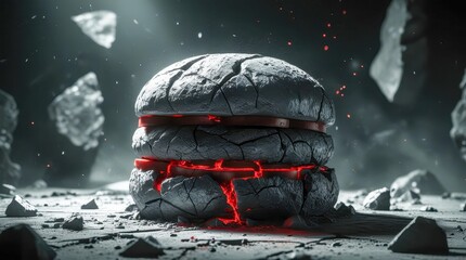 A petrified burger with cracks stands in the center of a gloomy scene. Monochrome lighting emphasizes the details of the stone texture. There is dust in the air, as if time has stood still.