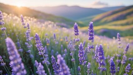 Fototapeta premium Blooming Lavender Field at Sunrise with Rolling Hills Landscape