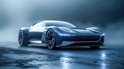 A futuristic car with sharp headlights against a foggy background. Detailed photography emphasizes the aerodynamics and innovative design. An atmosphere of speed and luxury.