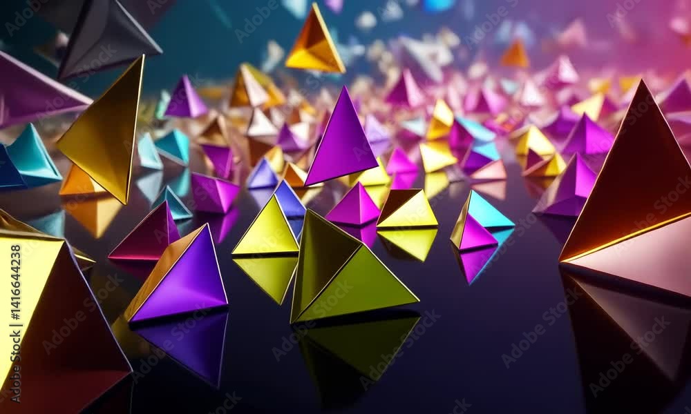 Poster dynamic abstract composition of vibrant, multicolored triangular shapes and prisms scattered across 