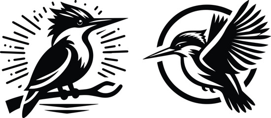 Two Stylized Kingfisher Bird Designs Black and White Vector Illustrations