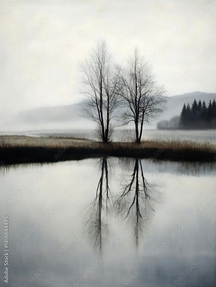 Poster A minimalist landscape featuring two trees reflected in a calm misty lake on a foggy day : Generative AI