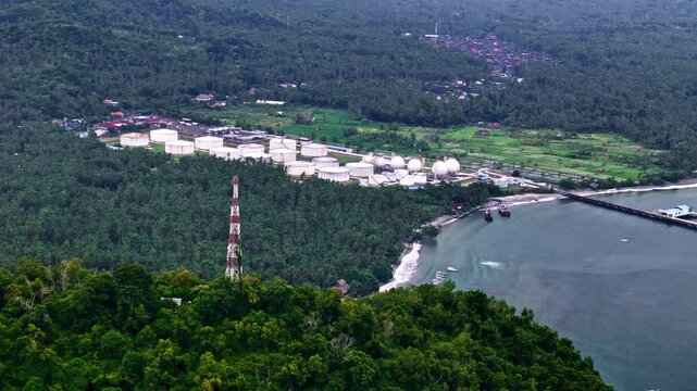 Pertamina Patra Niaga TBBM Manggis Bali Oil Refinery Plant In Bali, Indonesia. Aerial Drone Shot