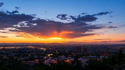 Beautiful sunset over a city skyline with colorful clouds in the evening sky : Generative AI