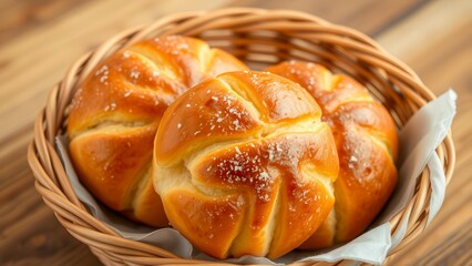 Three Mexican sweet conchas buns are in a basket. Traditional pastries with crispy crust and sugar sprinkles go perfectly with coffee. The atmosphere of coziness and home cooking.