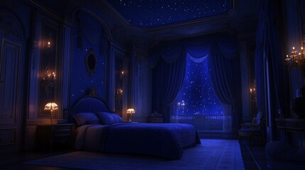 Blue Luxurious Bedroom Interior at Night with Stars