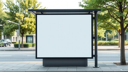 An empty billboard at a bus stop is ready for a banner. The street scene in an urban environment creates a neutral background. A great layout for commercial design.