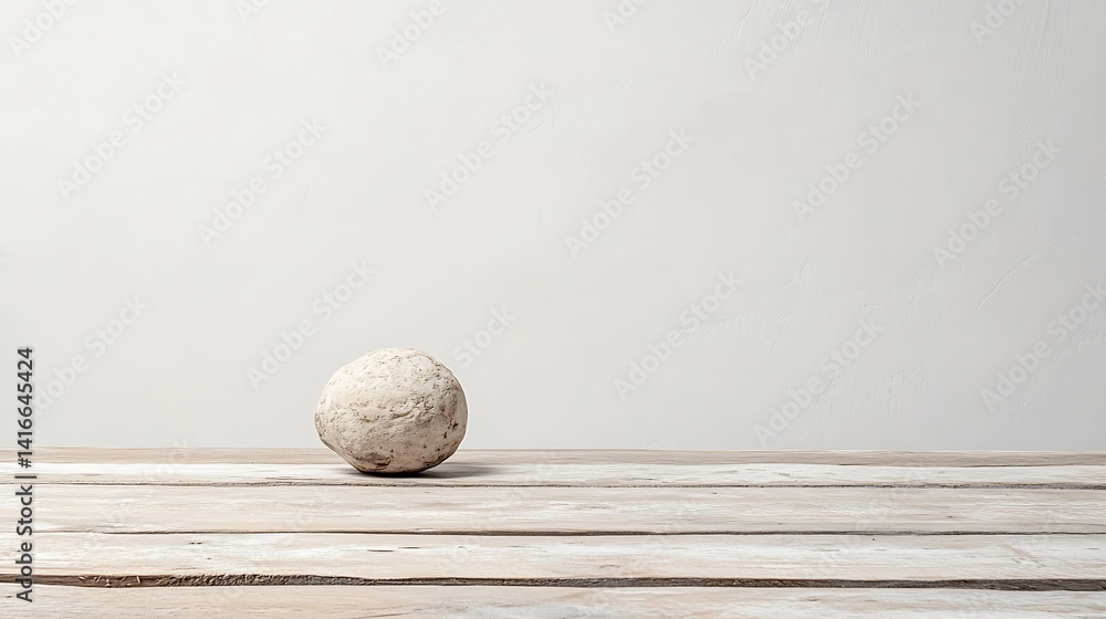 Poster minimalist neutral background with a single clay stone on a wooden table creating a calm atmosphere 