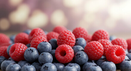 Close-up of Fresh Raspberries and Blueberries, Summer Berries, Healthy Food Photography