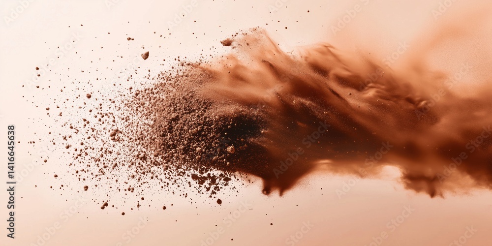 Poster dynamic explosion of brown powder creating abstract cloud effect