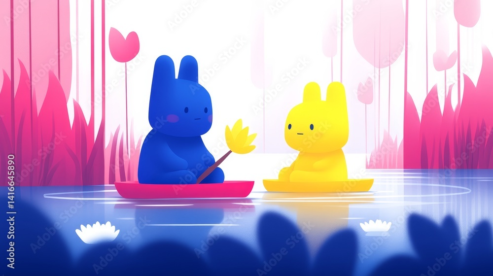 Poster two whimsical bunny characters embark on a gentle river journey amidst a dreamy landscape creating a