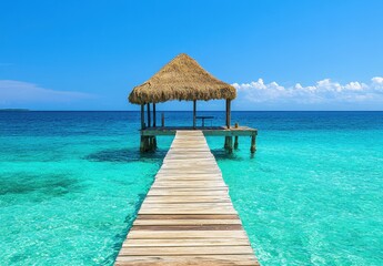 Tropical paradise with wooden pier leading to thatched-roof gazebo over crystal-clear turquoise waters and bright blue sky on a sunny day