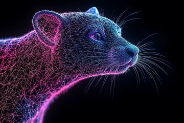 Digital rendering of a wildcat's head, outlined in vibrant hues.