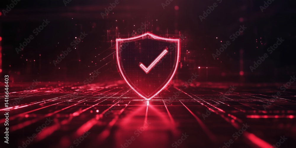 Poster digital security shield with check mark glowing in red neon lights