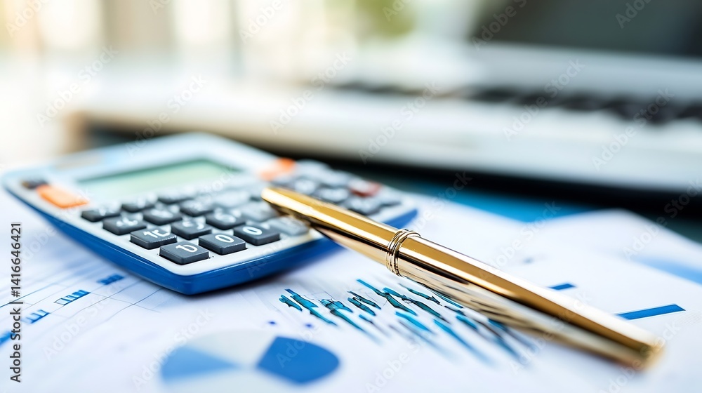 Poster Calculator and Gold Pen on Financial Reports with Graphs and Charts for Business Analysis : Generative AI