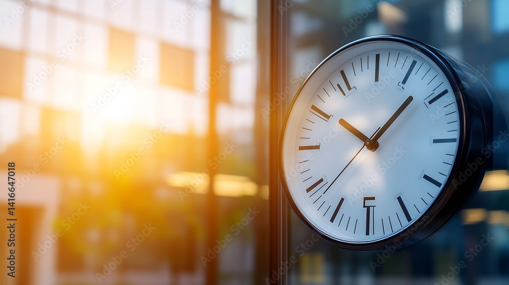 Poster stylish modern clock in a bright office interior with sunlight streaming through windows for timelin