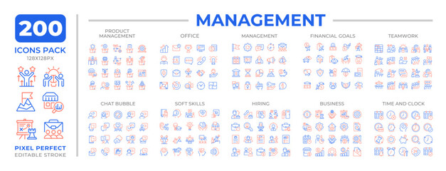 Management two color line icons set collection. Corporate workflow planning. Business activity coordination bicolor outline mega pack isolated, pixel perfect. Duotone thin lineart. Editable stroke