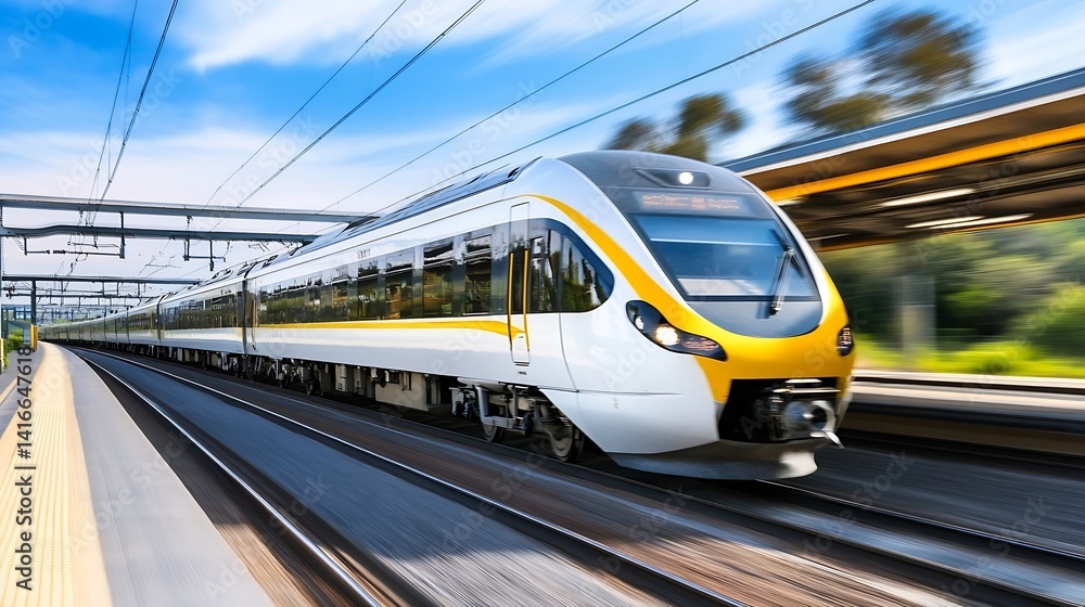Poster Dynamic Motion of a Bright Modern Train Captured in Fast-Paced Urban Environment : Generative AI