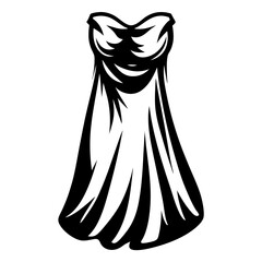 Abstract illustration of a flowing strapless dress in black and white tones