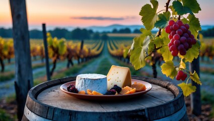 Obraz premium Cheese Plate with Grapes in Vineyard at Sunset Peaceful Setting