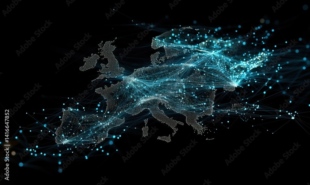 Aufkleber digital network connections across europe visualized with glowing lines and dots