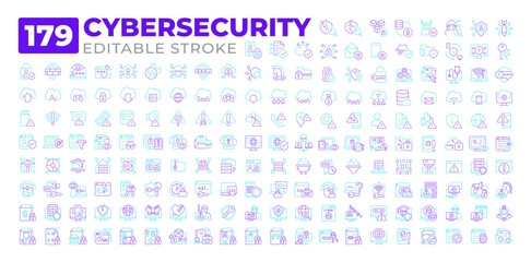 Cybersecurity two color line icons set collection. Protecting systems and programs. Digital attacks preventing software bicolor outline mega pack isolated. Duotone thin lineart. Editable stroke