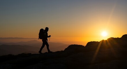 Hiker Hiking at Sunset Silhouette