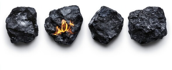 Four coal rocks, one burning, on white backdrop