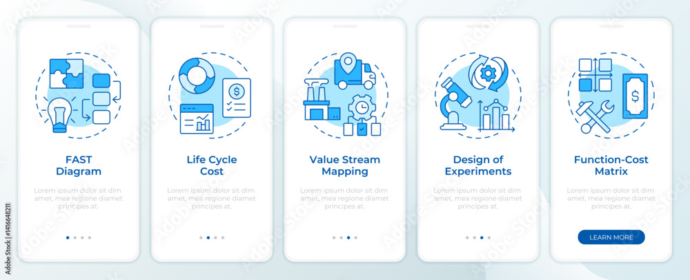 Poster value engineering instruments onboarding mobile app screen. walkthrough 4 steps editable graphic ins
