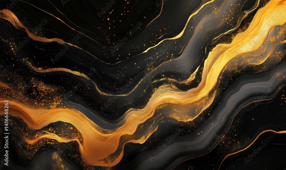 Poster abstract black and gold wave pattern with glittering textures and fluid design