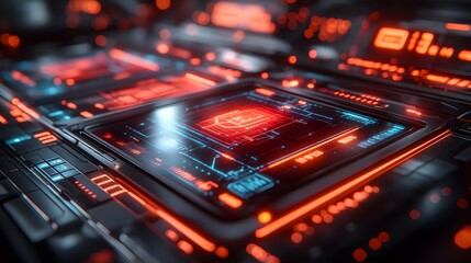 Futuristic computer processors with glowing interface displays.