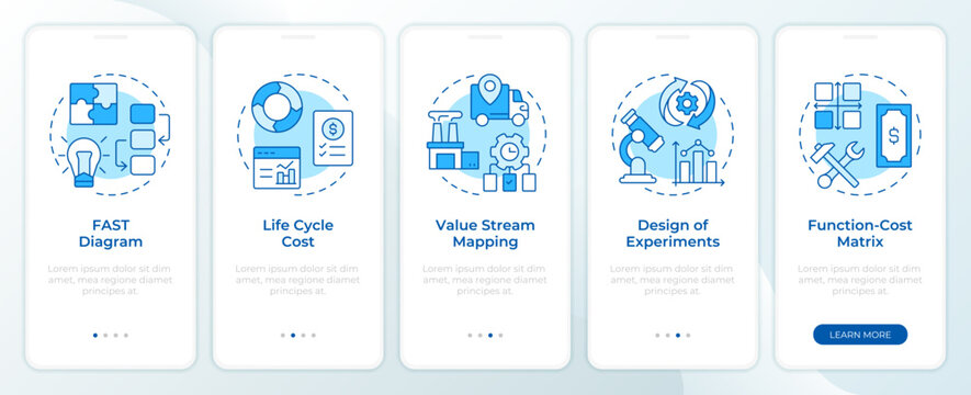 Value engineering instruments onboarding mobile app screen. Walkthrough 4 steps editable graphic instructions with linear concepts. UI, UX, GUI. Montserrat SemiBold, Regular fonts used