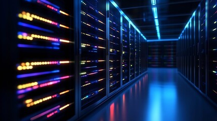 Futuristic data center with blue and colorful lights illuminating server racks : Generative AI