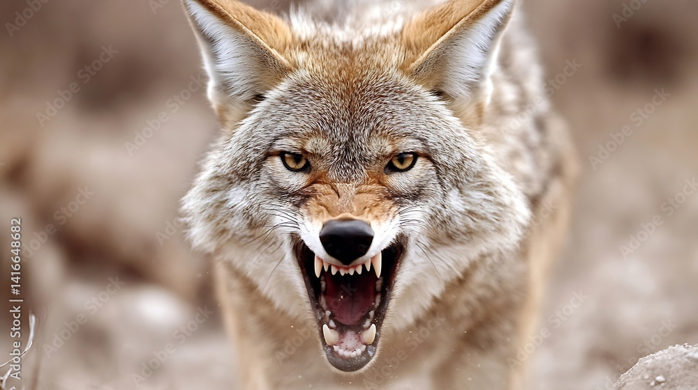 Poster Wild Coyote Displaying Aggressive Behavior in Its Natural Desert Environment : Generative AI