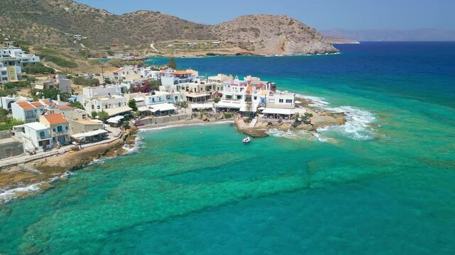 Aerial of archaeological site of ancient minoan city of mochlos, Crete, Greece