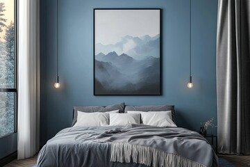 A modern bedroom with a large window, a bed with white linens, and a framed print of a mountain landscape