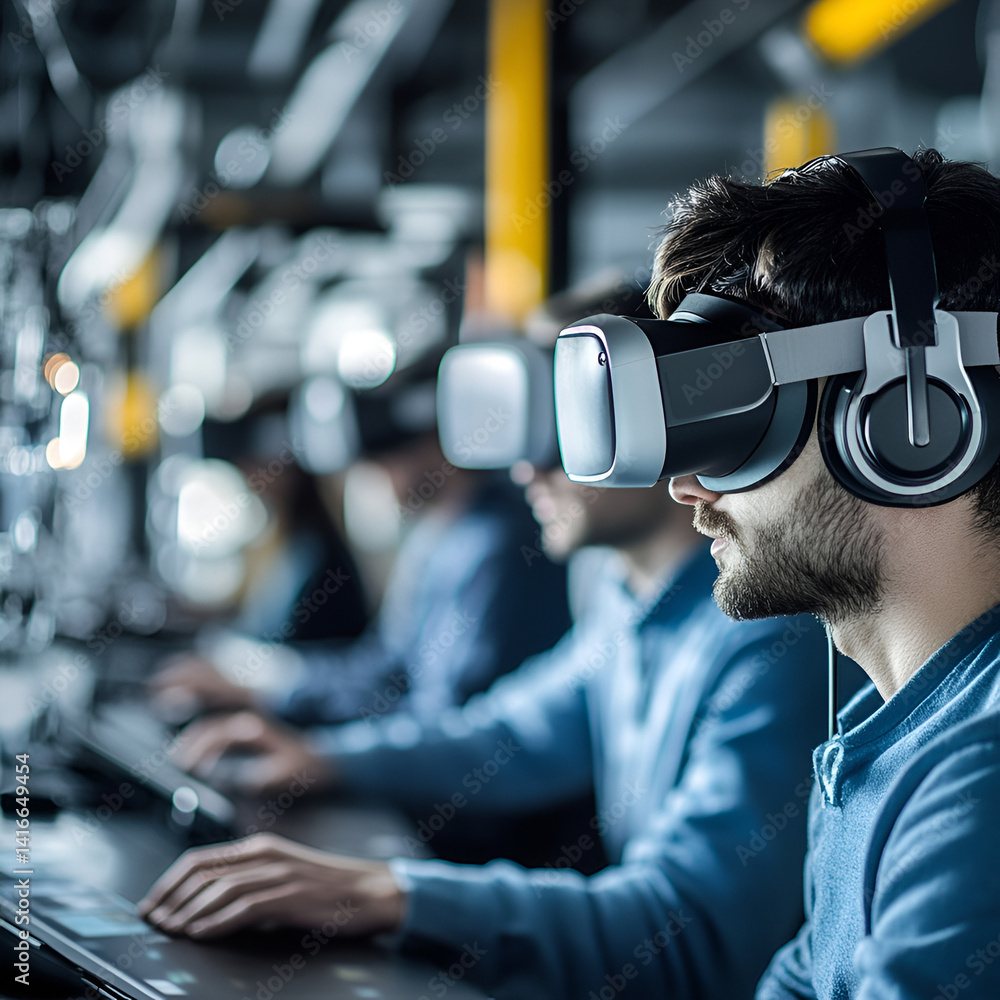 Poster experiencing virtual reality technology lab interactive content modern environment close-up view inn