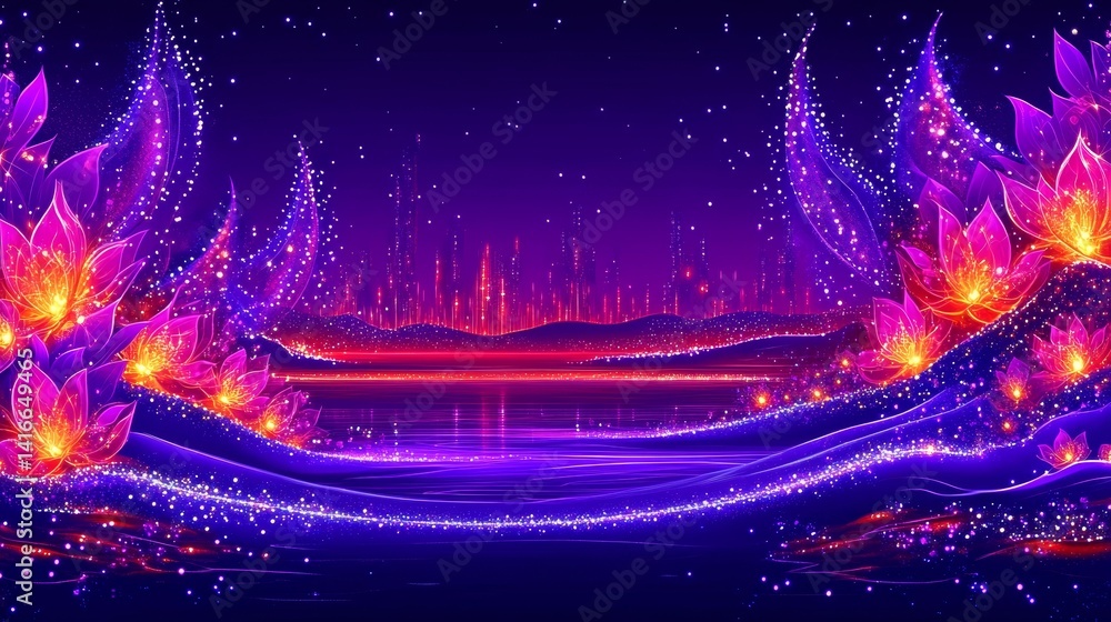 Poster enigmatic cityscape bathed in neon twilight showcasing illuminated futuristic architecture with viol
