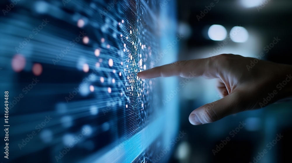 Poster Futuristic technology hand interaction with digital display showcasing data and connectivity : Generative AI