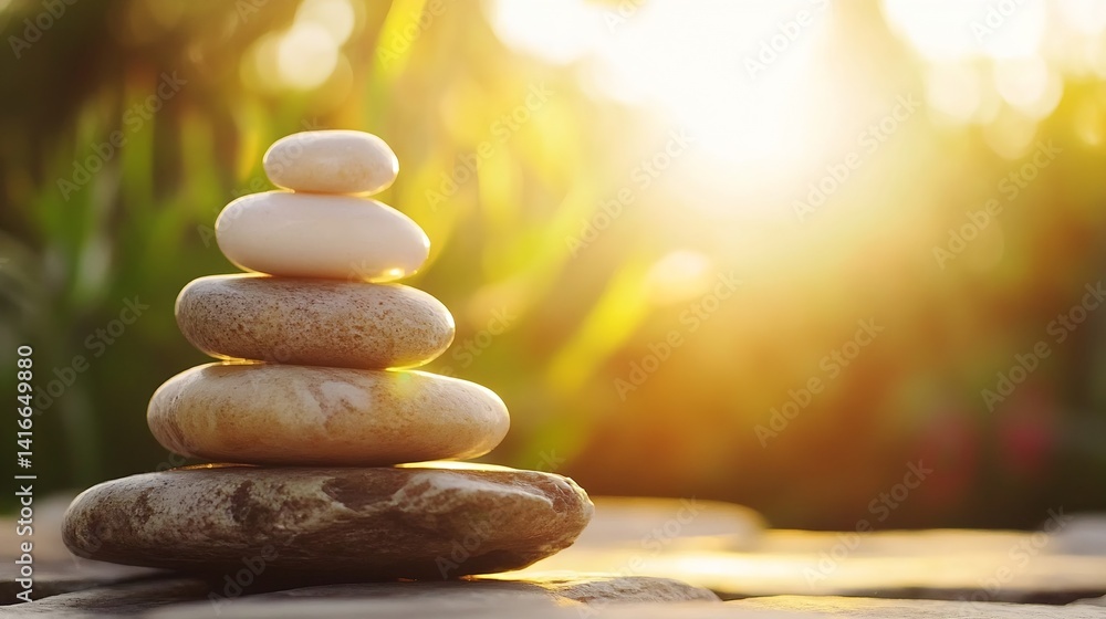 Poster balanced stones in a serene sunset setting for tranquility and meditation : generative ai