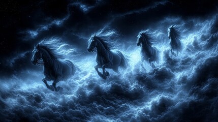 Mystical equine energy night ocean ethereal horses surge through the glowing waves fantastical aquatic steeds dark water celestial dreamlike scene surreal concept