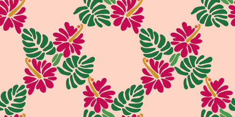 Tropical Simple Modern Seamless Floral Pattern with Hibiscus and Monstera Leaves. Hawaiian vibes, exotic print